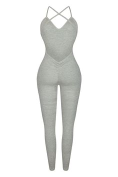 a women's grey bodysuit with straps on the sides and spaghettis at the waist