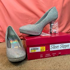 Silver Slipper Rhinestone 10w Formal Shoes. Lightly Worn And Clean Shoes - No Stains Or Missing Stones. Size 10w Comes With Box/Packaging And Replacement Heel Pads Synthetic Round Toe Heels With Rhinestones, Synthetic Heels With Glitter Accents And Round Toe, Silver Slippers, Shoes Silver, Clean Shoes, Slipper Shoes, Shoes Color, Formal Shoes, Box Packaging