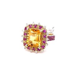 5.31 Carat Citrine Sapphire Diamond Yellow Gold Engagement Ring  This gorgeous ring has a beautiful Emerald Cut Citrine Quartz weighing 4.32 Carats and is surrounded by a total of 42 Pink Sapphires weighing 0.85 Carats and 14 Round Cut Diamonds weighing 0.14 Carats (Clarity: SI2, Color: F) . Each stone is handpicked and carefully curated to create a unique piece by our in-house designer and jeweler! The Citrine measures at 12 mm x 10 mm and the total carat weight of the ring is 5.31 Carats. It i Luxury Multi-stone Yellow Gemstones, Luxury Yellow Multi-stone Gemstones, Luxury Citrine Gemstones With Accents, Gold Cluster Rings With Gemstone Accents, Yellow Multi-stone Sapphire Ring, Luxury Yellow Gold Cluster Halo Ring, Yellow Multi-stone Round Gemstones, Citrine Gemstone Wedding Ring, Luxury Multi-stone Yellow Diamond Ring