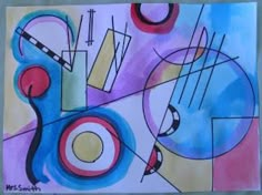 an abstract painting with blue, pink and yellow colors