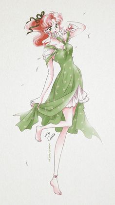 a drawing of a woman in a green dress with her hair blowing back and eyes closed