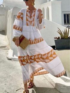 Women Elegant Dresses, Stylish Retro Greek Goddess Pattern Print Dress White Long Midi Dress For Spring, White Long Sleeve Midi Dress For Summer, White A-line Maxi Dress For Fall, White Shift Midi Beach Dress, White Shift Midi Dress For The Beach, White Long Sleeve Shift Midi Dress, Shift Midi Dress For Fall Vacation, Orange Long Sleeve Maxi Dress For Summer, Casual White Maxi Dress For Fall