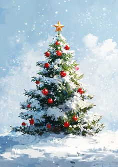 a painting of a christmas tree in the snow