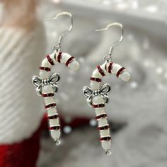 Candy Cane Christmas Earrings Handmade Christmas Earrings For Celebration, Handmade Christmas Celebration Earrings, Holiday Handmade Earrings For Celebration, Handmade Earrings For Holiday Celebrations, Handmade Earrings For Celebrations And Holidays, Handmade Festive Earrings For Christmas, Nickel-free Christmas Party Jewelry, White Christmas Jewelry For Festive Season, Holiday Jewelry With Matching Earrings