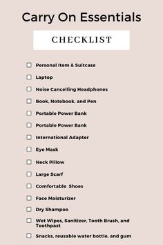 a checklist with the words, carry on essentials and other things to do