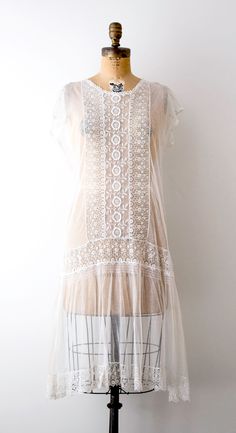 Vintage 1920's White Lace Wedding Dress - Embroidered & Chantilly handmade lace // by Heirloomen Vintage White Fitted Flapper Dress For Spring, Sheer Cream Lace Dress, Delicate Lace Dress With Lace Top, Elegant White Flapper Dress For Wedding, Delicate Lace Top Dress, Summer Gatsby Style Flapper Dress For Wedding, Summer Wedding Gatsby Style Flapper Dress, Delicate White Dress With Lace Patchwork, White Gatsby Style Wedding Dress