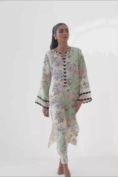 Semi-stitched Sets With Printed Motifs For Eid, Eid V-neck Sets With Printed Motifs, Eid Tunic Sets With Printed Motifs, Eid Semi-stitched Floral Print Sets, Floor-length Eid Sets With Printed Motifs, Silk Tunic, Silk Trousers, Printed Trousers, Eid Collection