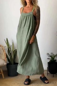 Lasaky - Simple, Sophisticated Foldover Dress with Square Collar and Shoulder Sling Outfits Curvy, Summer Vacation Outfits, Day Outfits, Jeans Cargo, Beach Maxi Dress, Sling Dress, Maxi Robes, Linen Style, Suspender Dress