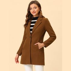 This coat is sure to bring a chic look to your style. This lightweight construction provides a comfortable layer, while details such as seam pockets and a one-button closure create a classic look. Vintage details are softened by a notched lapel and one button closure. Style this coat with jeans and a knit top. A solid color keeps this piece perfectly sophisticated, and a longer length hits at the thigh for a dramatic touch. Fall Blazer With Buttoned Pockets, Fitted Notch Lapel Outerwear With Buttoned Pockets, Fall Workwear Blazer With Buttoned Pockets, Office Outerwear With Buttoned Pockets, Casual Single Breasted Notched Outerwear, Casual Single-breasted Notched Outerwear, Casual Single-breasted Outerwear With Notched Lapel, Casual Single-button Double-breasted Outerwear, Brown Single Button Outerwear For Business Casual