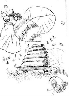 an ink drawing of a beehive in the grass