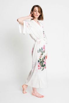 Peony & Bird Long Kimono Robe - Mid-Weight | KIM+ONO – kimandono.com Beach Kimono With Belted Kimono Sleeves, Beach Kimono With Belt, Elegant Wrap Robe For Vacation, Belted Kimono With Kimono Sleeves For Vacation, Elegant Wrap Dress With Kimono Sleeves For Beach, Maxi Length Robe For Daywear In Spring, Maxi Length Daywear Robe For Spring, Maxi Length Robe For Spring Daywear, Summer Kimono With Belted Kimono Sleeves