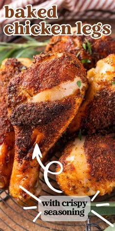 baked chicken legs with crispy seasoning on a wire rack and text overlay reads baked chicken legs with crispy seasoning