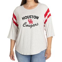 Elevate the style of your game day tee with this Houston Cougars Sabrina Jersey T-shirt. It features the team name and logo accentuated by contrast-color side stitching and sleeve stripes. A rounded hem gives this Houston Cougars shirt a more comfortable fit and feel. College Sports Season Fan Apparel Tops, Game Day Fan Apparel Tops With Crew Neck, Game Day Crew Neck Top With Team Name, Varsity Tops With Team Logo For Fan Gear, Collegiate Tops With Logo Print And Relaxed Fit, Collegiate Style Tops With Logo Print And Relaxed Fit, Collegiate Relaxed Fit Top With Logo Print, Collegiate Style Top With Logo Print And Relaxed Fit, Game Day Football Season Tops With Logo Print