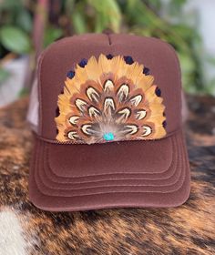 Feather Trucker hat in YOUTH. Handmade feather crest by Cowhide Rustic. Rodeo, cowgirl, horse girl, farm girl Cowgirl Horse, Rodeo Cowgirl, Cowgirl Rodeo, Head Wear, Farm Girl, Horse Girl, Rodeo, Caps Hats, Feathers