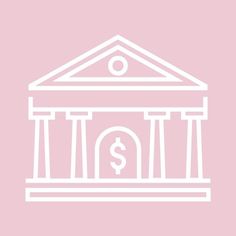 a building with columns and a dollar sign on it's front door, against a pink background