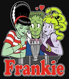 three cartoon characters sitting at a table with a drink in front of them and the words frankie on it