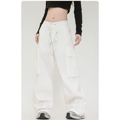 Retro Straight Leg Cargo Pants  Material: 100% Cotton   Size: S, M, L, XL, 2XL Color: White, Navy Blue Pants Type: Cargo Pants Style Type: Street Trendy  Season: Spring, Fall, Winter,   Occasion: Leisure, Outdoor, Daily, Vacation, Fall Outfits White Baggy Cargo Pants With Hip Pockets, White Cargo Pants With Side Pockets, White Full Length Cargo Pants With Side Pockets, Casual White Parachute Pants, White Casual Full-length Parachute Pants, White Full-length Parachute Pants For Streetwear, Casual White Full-length Parachute Pants, White Full Length Parachute Pants For Streetwear, White Cargo Pocket Trousers