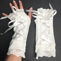 Bundle & Save On Shipping! White Corset Gloves Lace Up Arm Warmers Renaissance Wedding Bridal Cuffs Bride These Are Hand Made In The Usa By Me! Gorgeous And Chic. Gorgeous Lace Up Gloves With Lace Trim And Lacing. Soo Romantic And Sexy! 95% Cotton. 5% Spandex. Length: 9.50" Width: 7"-9" Tx1039 Follow Trixy Xchange! Check Out My Other Listings For These In More Colors!! Lace Up Gloves, Corset Gloves, Gloves Lace, Lace Fingerless Gloves, Bridal Cuff, 일본 패션, Clothing Design Sketches, White Corset, Mia 3