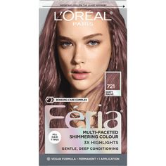 L'Oreal Paris Feria Permanent Hair Color, 721 Dusty Mauve, Inspired by fashion, Feria offers a twist on the traditional and gives edgy hair colors from bright red, platinum blonde, rose gold, and metallic brown, to blue-black hair color, these hair dye kits will transform your hair. Feria's prismatic color spectrum is custom-blended by L'Oreal Paris master colorists for bold, head-turning shades - no appointment necessary. Packaging may vary, what you receive may not be what is reflected on site. Size: 2.75" x 3.50" x 6.50".  Color: Multicolor. Loreal Intense Deep Violet Hair Color, Loreal Hair Dye For Dark Hair, Gray Purple Hair Dye, Temporary Hair Dye For Brown Hair, Loreal Divine Wine, Loreal Feria R48, Best Rose Gold Hair Dye, Best Hair Dye For Thinning Hair, Loreal Magenta