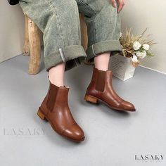 Lasaky - Round Toe Top Grain Leather Tube Martin Boots with Stitch Details Fall Martin Boots With Leather Sole And Closed Toe, Fall Closed Toe Martin Boots With Leather Sole, Casual Chelsea Boots With Pointed Toe For Fall, Fall Chelsea Boots With Leather Sole And Flat Heel, Brown Chelsea Boots With Round Toe For Fall, Brown Round Toe Chelsea Boots For Fall, Fall Chelsea Boots With Leather Sole And Closed Toe, Brown Flat-heel Chelsea Boots For Fall, Brown Chelsea Boots With Flat Heel For Fall