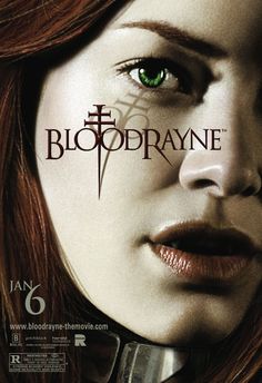 the bloodrayne movie poster with an evil looking woman's face and green eyes