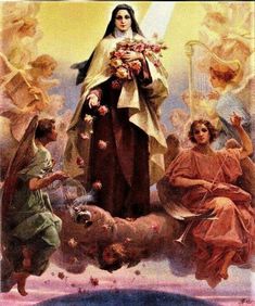 an image of the virgin mary with angels surrounding her and holding flowers in her hands