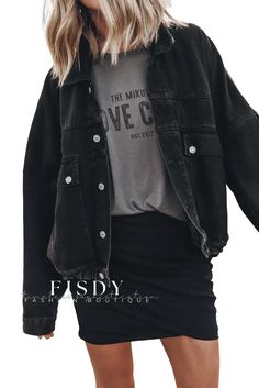 Fisdy - Chaqueta vaquera negra clásica con bolsillos con solapa, hombros caídos y botones metálicos Doudoune The North Face, Black Jean Jacket, Boyfriend Jacket, Plus Size Mini Dresses, Looks Party, Outfit Jeans, Extra Long Sleeves, Looks Street Style, Looks Black