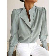 Elevate Your Wardrobe With This Stunning Sage Green Blouse. Featuring A Unique Asymmetrical Button-Up Design, Luxurious Puff Sleeves, And A High Collar, This Top Exudes Sophistication And Style. The Lightweight Fabric Drapes Beautifully, Making It Perfect For Both Office Wear And Evening Occasions. Its Versatile Color And Timeless Design Make It A Must-Have Piece For The Fashion-Forward Woman. Refco162 Xs Top Reasonable Offers Are Gladly Accepted. Your Order Will Be Handled With Care, Packed Thoughtfully In Repurposed Packaging, And Shipped Promptly From My Smoke-Free, Pet-Free Home. Please Note That The Items May Arrive Folded And Might Have Wrinkles. The Actual Fabric Color May Slightly Thrift Flip Clothes Diy, Crochet Crop Tank, Crochet Corset, Womens Blouses Casual, Silk Crochet, Diy Corset, Turtleneck Blouse, Stand Collar Blouse, Patchwork Diy