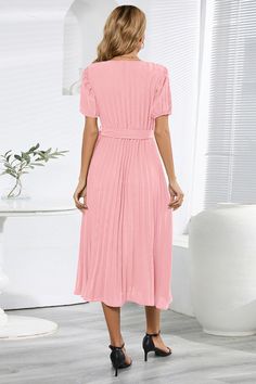 DetailsMidi dress in surplice neckline. short sleeves. pleated details. tie-belt waist. solid colour and a midi length. Style this dress with any solid sandals or tie-up mules and a handbag.â€?Surpliceâ€?Short sleevesâ€?Tie-belt waist & pleated detailsâ€?Solid colourâ€?Midi lengthSize Chart 🌸 US UK/AU EU S 2-4 6-8 34-36 M 4-6 10-12 36-38 L 6-8 12-14 38-40 XL 8-10 16-18 40-42 2XL 12-14 18-20 42-44 Belted Midi Dress With V-neck, Solid Color Belted V-neck Midi Dress, Dress With Tie Waist And Surplice Neckline, Dresses With Tie Waist And Surplice Neckline, Solid Dresses With Surplice Neckline And Tie Waist, Solid Color Surplice Neckline Dress With Tie Waist, Modest Pleated Maxi Dress For Summer, Solid Pleated V-neck Midi Dress, Solid Maxi Dress With Tie Waist And Short Sleeves