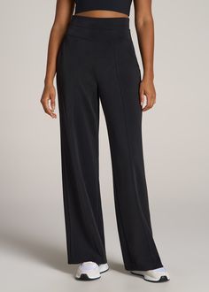 American-Tall-Women-Wide-Leg-Ultra-High-Rise-Pant-Black-front Versatile Straight Leg Evening Bottoms, Versatile Straight Pants For Evening, Modern Stretch Wide-leg Pants, Sleek Loungewear Bottoms, Full Length 4-way Stretch Wide Leg Pants For Work, Sleek Full-length High-stretch Pants, Relaxed Fit Elastane Wide Leg Pants, Modern Wide Leg Elastane Pants, Modern Stretch Wide-leg Bottoms