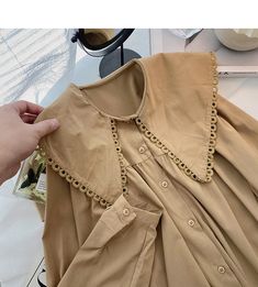 Style: commuting Size: one size Color: white, khaki, apricot Khaki Cotton Collared Top, Vintage Beige Button-up Top, Vintage Beige Top With Button Closure, Beige Embroidered Button-up Top, Vintage Khaki Button-up Top, Collar Top, Lace Design, Apricot, Color White