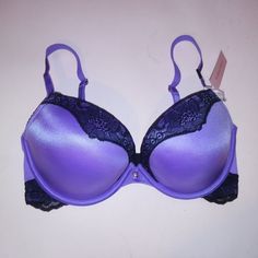 Victoria Secret Bra 32dd Push Up Purple Black Lace Trim Very Sexy Underwire New With Tags *Bundle To Save Chavonne11 073124 Purple Underwire Bra For Night Out, Stretch Purple Bra With Padded Cups, Fitted Purple Bra With Padded Cups, Purple Stretch Bra With Padded Cups, Purple Stretch Padded Bra, Elegant Purple Bra With Lined Body, Fitted Purple Bra With Removable Pads, Stretch Purple Bra With Medium Bust Support, Purple Padded Stretch Bra