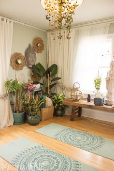 a living room filled with lots of plants next to a chandelier and window