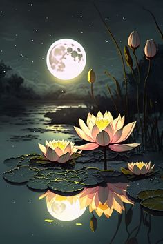 two water lilies floating on top of a lake under a full moon