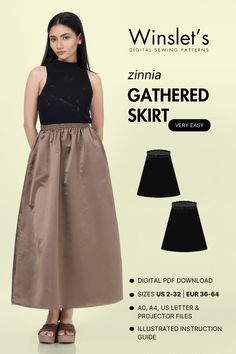 Description:This midi skirt exudes classic femininity, featuring a gathered waist for a touch of volume and movement. The length strikes a balance between casual and dressy, making it a versatile piece in any wardrobe.Styling:Pair with a fitted top to offset the skirt’s volume, and complete the look with wedges or sandals. For a more formal occasion, a blouse tucked in would complement the skirt’s shape beautifully. Long Skirt Pattern Sewing, Square Neck Top Pattern, Pullover Sewing Pattern, Gathered Skirt Pattern, Midi Skirt Sewing, Midi Skirt Sewing Pattern, Fall Style Essentials, Long Skirt Pattern, Pattern Midi Skirt