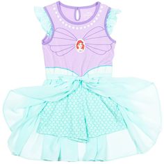 Your little girl is ready for a magical day dressed in this adorable Disney Princess outfit. This blue and purple romper features Ariel from The Little Mermaid with an all over print of mermaid scales on the shorts, pretty ruffles by the sleeves, and a stylish fluttery skirt that your little girl will love to twirl in. Made of a soft material that keeps your little girl comfortable, this cute Princess Ariel one-piece romper is the perfect outfit for those summer days of dress-up and play. Sleeveless Purple Dress For Sleepover, Disney Sleeveless Spring Dress, Spring Sleeveless Disney Dresses, Dress For Toddler Girl, Jasmine From Aladdin, Knotted Skirt, Disney Princess Toddler, Elsa From Frozen, Disney Princess Outfits