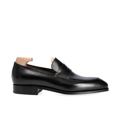 PENNY LOAFERS IN BLACK Timeless Black Slip-on Loafers, Black Calf Leather Loafers With Leather Sole, Black Slip-on Loafers With Cap Toe, Black Slip-on Cap Toe Loafers, Black Goodyear Welted Loafers In Calf Leather, Classic Leather Shoes With Almond Toe And Heel Tab, Classic Leather Shoes With Heel Tab And Almond Toe, Luxury Black Slip-on Oxfords, Black Plain Toe Loafers With Rubber Heel Cap