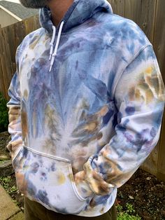 Hand Dyed Blue and Chesnut Hoddie, Ice Dye Technique, Unisex sizing Casual Hand Dyed Blue Sweatshirt, Blue Washed Cotton Hoodie, Hand Dyed Blue Cotton Sweatshirt, Blue Hand Dyed Cotton Sweatshirt, Blue Washed Hoodie With Relaxed Fit, Blue Washed Relaxed Fit Hoodie, Casual Bleached Hoodie With Relaxed Fit, Casual Hand Dyed Relaxed Fit Sweatshirt, Casual Blue Washed Hoodie