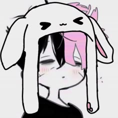 a drawing of a girl with pink hair and bunny ears covering her face in front of the camera