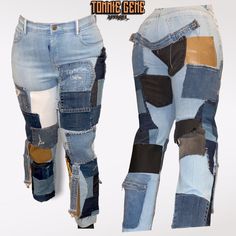 "one of a kind 1:1 by Tommie Gene apparel  Patchwork straight leg denim jeans  white accents on the front, Black accents on the back. Woman's size 5 Classic 10\" high rise jeans  Blue wash/stretch denim  patchwork  giving cool girl vibes, Punk rock. made from 100% recycled material ♻️" Patchwork Denim Jeans, Concept Clothing, Denim Patchwork, Jeans White, Straight Leg Denim, Womens Jeans, Black Accents, High Rise Jeans, Yin Yang