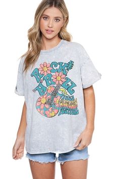 Rock and Roll Wildflower Graphic Tshirt Boyfriend Fit Mineral Wash Cotton Rolled Cuffs 100% Cotton Spring Festival Casual T-shirt, Casual Summer T-shirt For Concerts, Casual T-shirt For Spring Festival, Casual Spring Festival T-shirt, Trendy Summer Concert T-shirt, Trendy T-shirt For Summer Concert, Trendy Summer T-shirt For Concert, Spring Music Festival Crew Neck Tops, Spring Crew Neck Tops For Music Festival