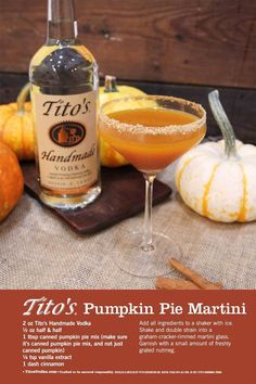 a pumpkin pie martini in front of a bottle of tiq's pumpkin pie martini