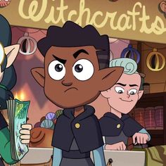 two cartoon characters are standing in front of a sign that says,'witchcrafts '