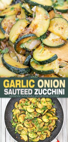 grilled eggplant and zucchini on a plate with the title garlic onion sauteed zucchini