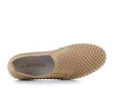 Breathable perforated synthetic upper, Easy slip-on entry with elastic panels, Closed round toe, Approx. 1 1/4 inch lift height, Cushioned unlined insole, Flexible rubber midsole with stitching details and durable outsole, Patrizia® branding details | Women's Patrizia Surfie Slip-On Shoes in Tan Size 6 Comfortable Slip-on Flats With Perforations, Spring Flat Heel Slip-ons With Perforations, Spring Slip-on Flats With Perforations, Slip-ons With Perforations And Round Toe, Spring Leather Slip-on Sneakers With Perforations, Perforated Round Toe Slip-ons, Perforated Slip-ons With Round Toe, Spring Synthetic Slip-on Sneakers With Perforations, Slip-on Flats With Perforated Toe Box