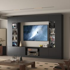 a living room with a large flat screen tv mounted on the side of it's wall