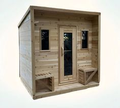 a wooden sauna with two doors and windows on the side, in front of a white background