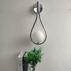 a vase with a plant in it next to a book on a shelf and a lamp hanging from the wall