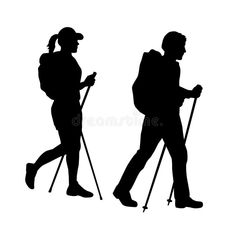 two people walking with ski poles and backpacks royalty illustration on white background stock photo