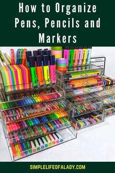 an organized desk with pens, pencils and markers on the bottom shelf is shown